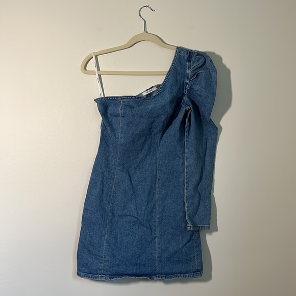 GRLFRND Ellie One Shoulder Stretch Denim Dress - Small S Puff Sleeve Mini Summer - Picture 3 of 8